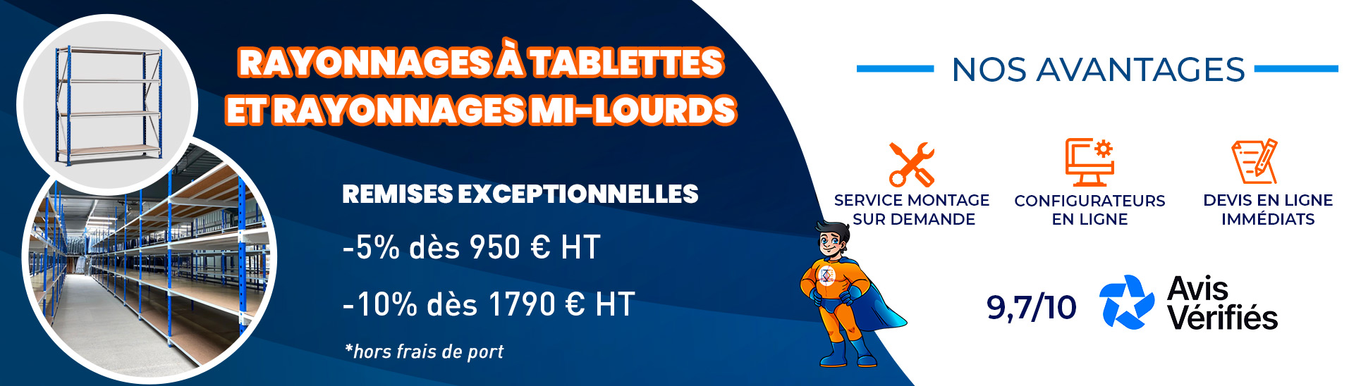 Réduction rayonnages à tablettes et rayonnages mi-lourds Rayonnage stock